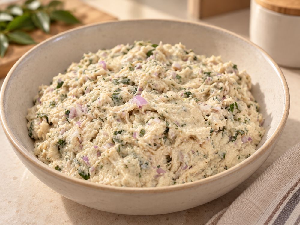 A ceramic bowl of fresh vadai batter with red onion and curry leaves